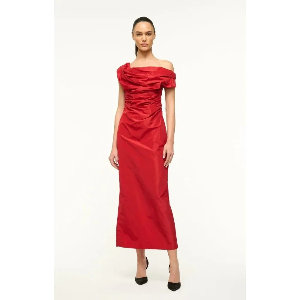 STAUD Andrea Dress Rouge Red Size 2 Off‑Shoulder Taffeta Midi - NWT